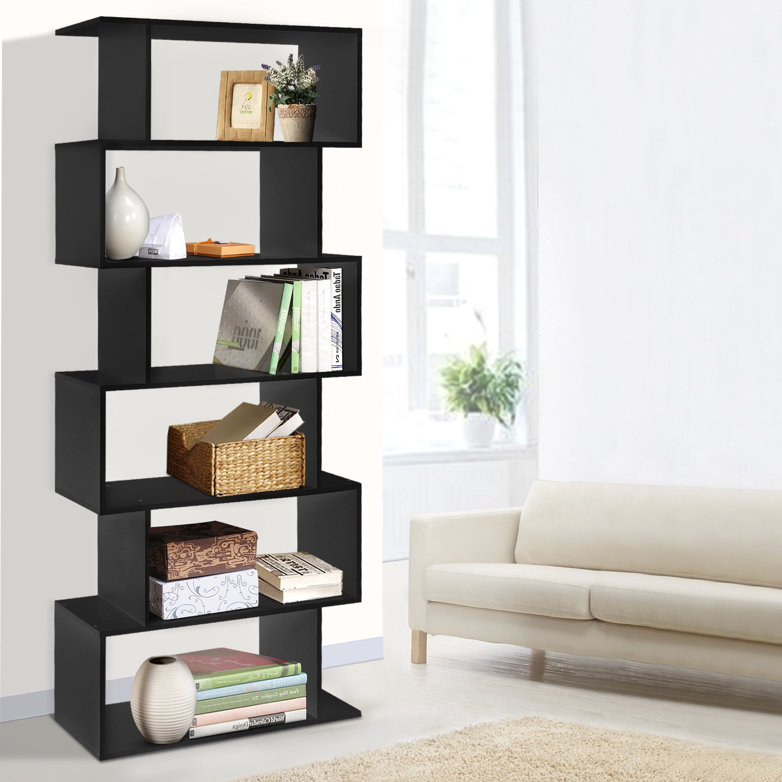 6-Tier Geometric Bookshelf (Black)