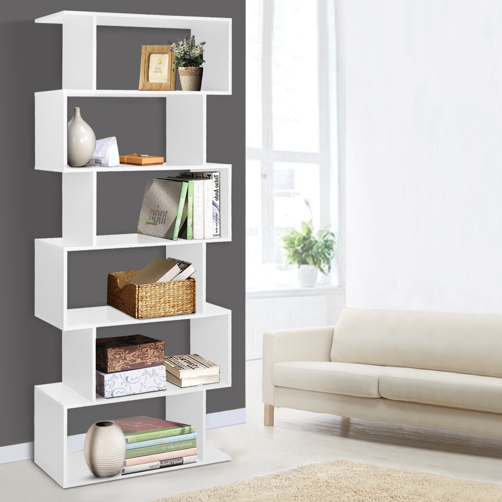 6-Tier Geometric Bookshelf (White)