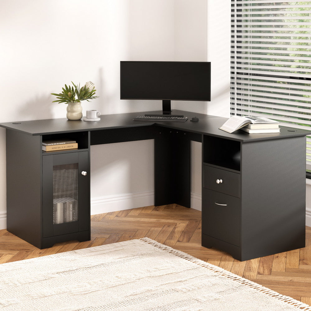 L-Shape Corner Table & Storage (Black)