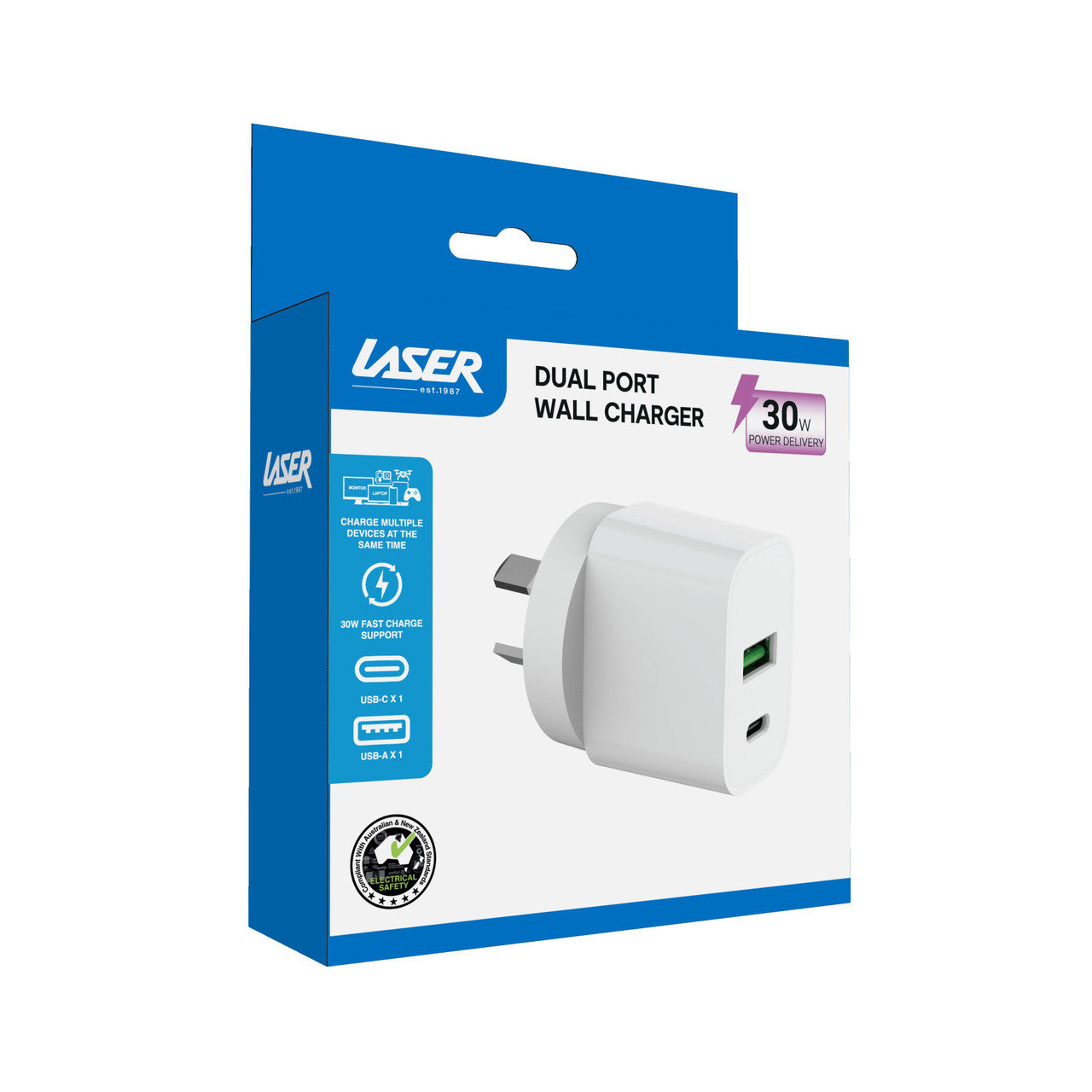 Laser Wall Charger USB A & C 30W