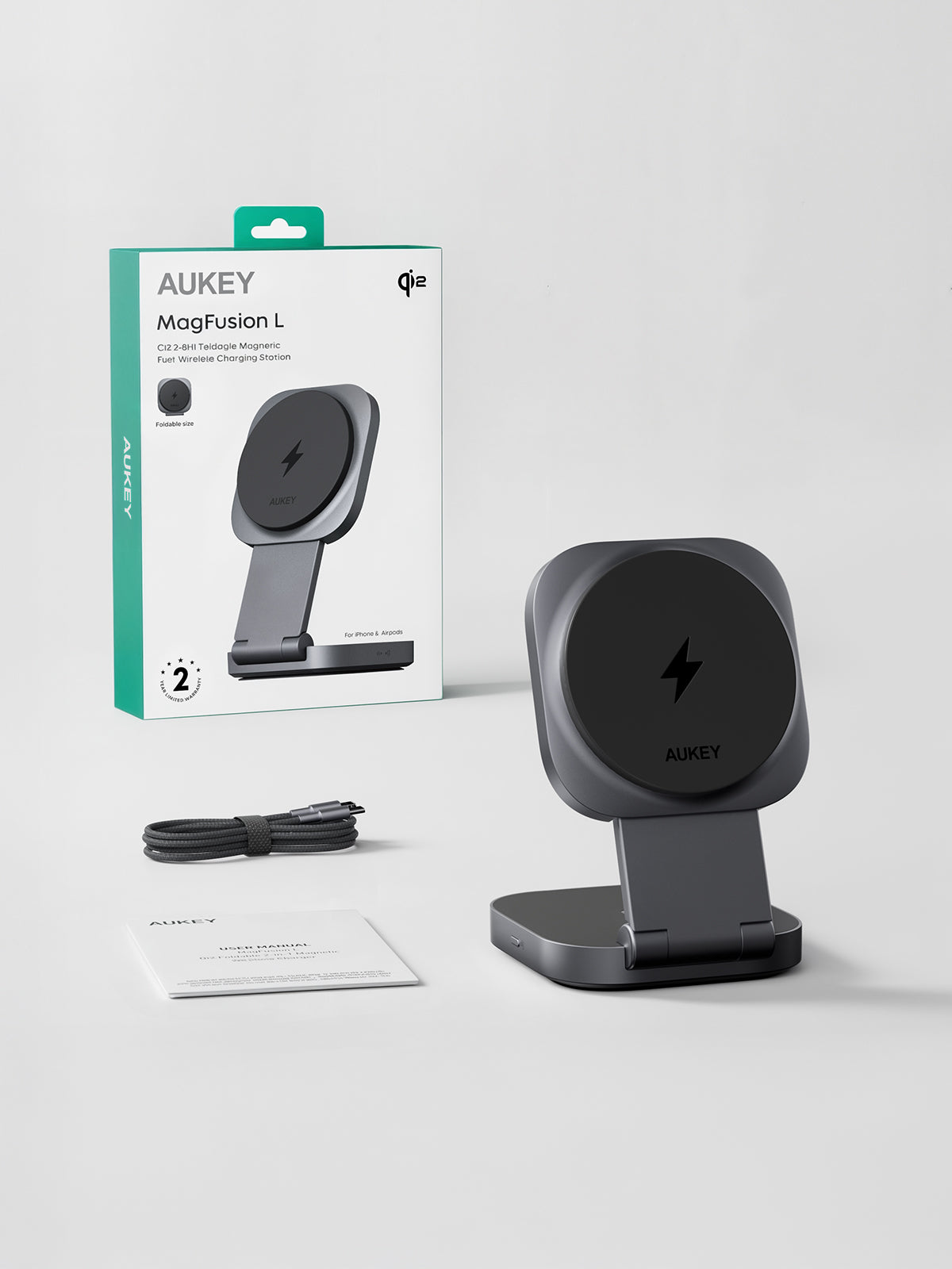 Aukey MagFusion Qi2 2-in-1 Magnetic Wireless Charger